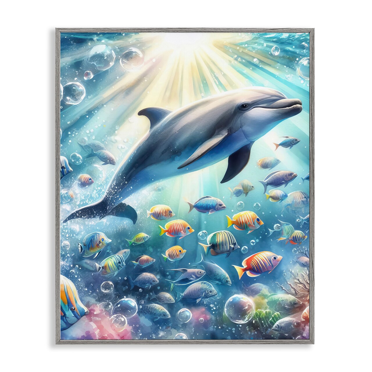 Stupell Industries Dolphin Among Sea Life Framed Giclee Wall Art Design by LSR Design Studio